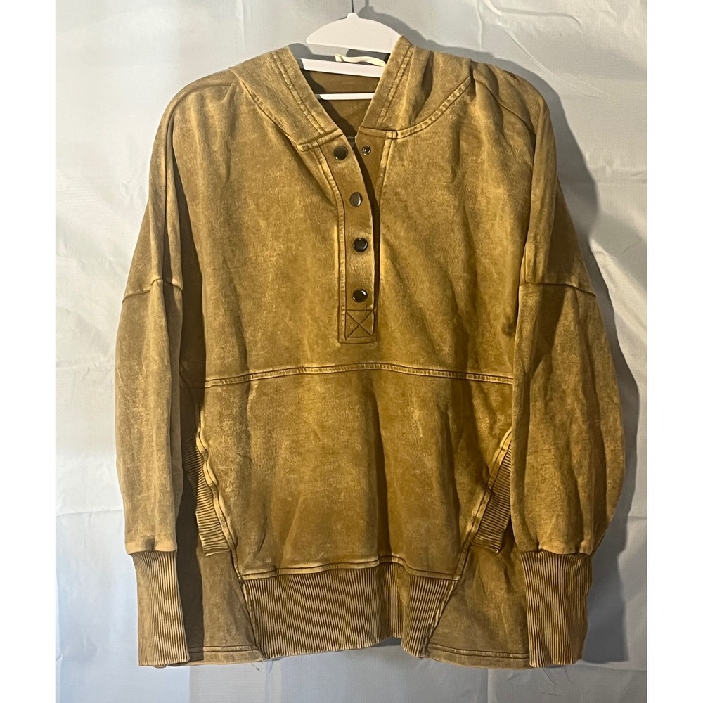 Zenana Mustard Yellow Mineral Wash Henley Hoodie Sweatshirt TTW-5232Y Sm Snap OS
